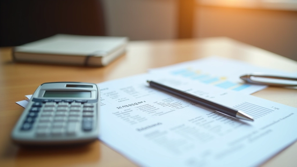 Calculatrice avec documents financiers montrant calculs d'intérêts et taux annuels