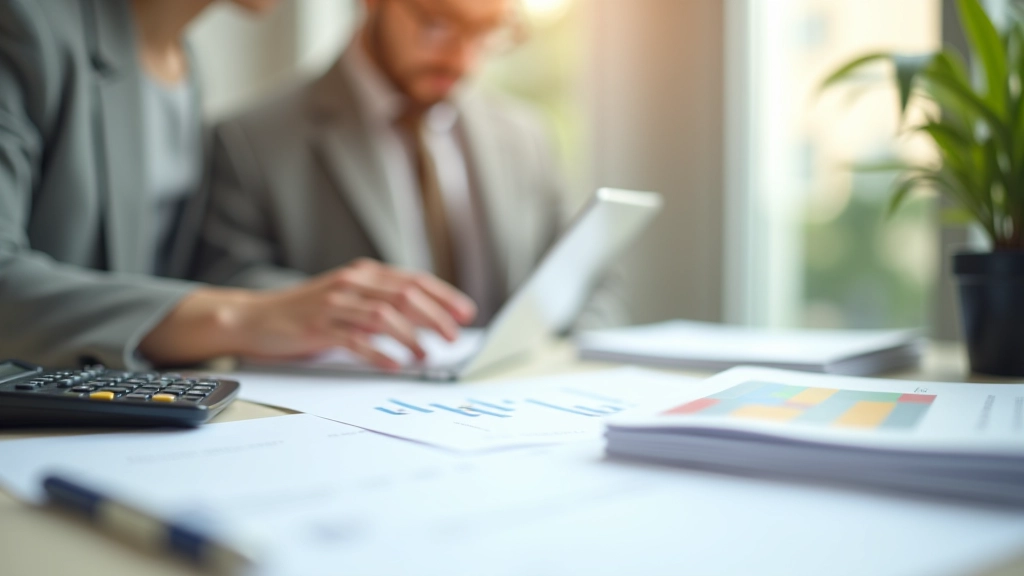 Espace de travail moderne avec documents financiers et calculatrice sur bureau lumineux